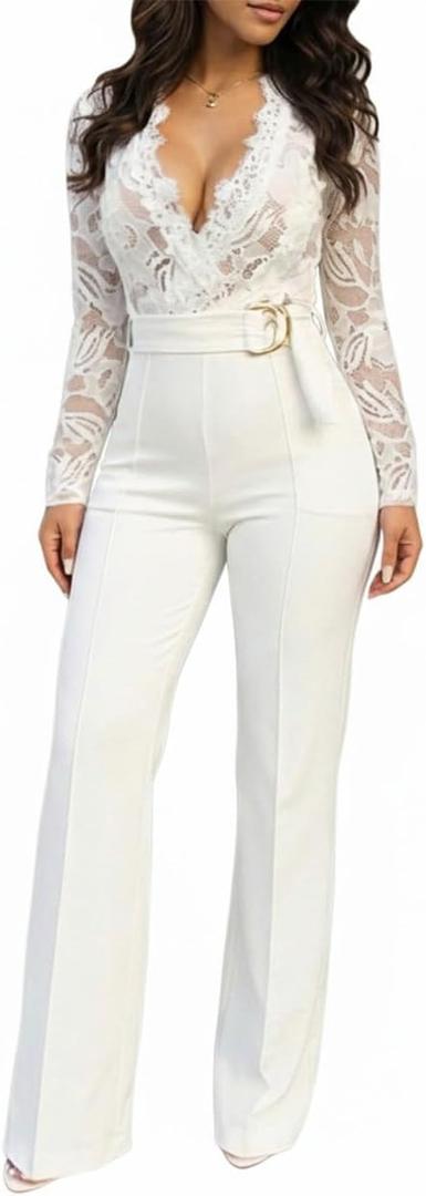 CHICME Womens Floral Lace Jumpsuit 2026 Deep V-Neck Casual Long Sleeve Ovearalls with Belt Pant Side Pockets L