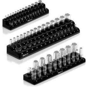 Olsa Tools Magnetic Socket Organizer - 3-Piece Drive Metric Socket Holder Set with Strong Magnets - Professional Tool Holder and Organizer - Stores up to 75 Sockets - Black - Part: 1151