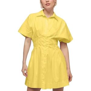 Women Summer Short Sleeve Button Front Pleated Shirt Dress Striped Collar V Neck Casual Y2k Swing Short Mini Dress, L