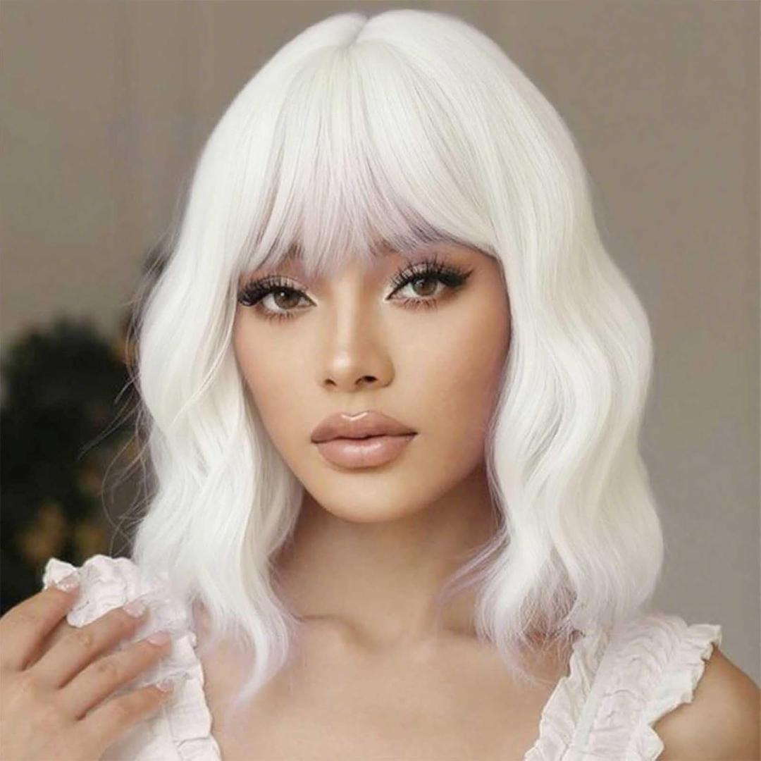 Short Bob Wavy Wig with Bangs for Women White Color Wigs for Women Loose Curly Shoulder Length Bob Curly Women's Charming Synthetic Fiber Wigs (White)