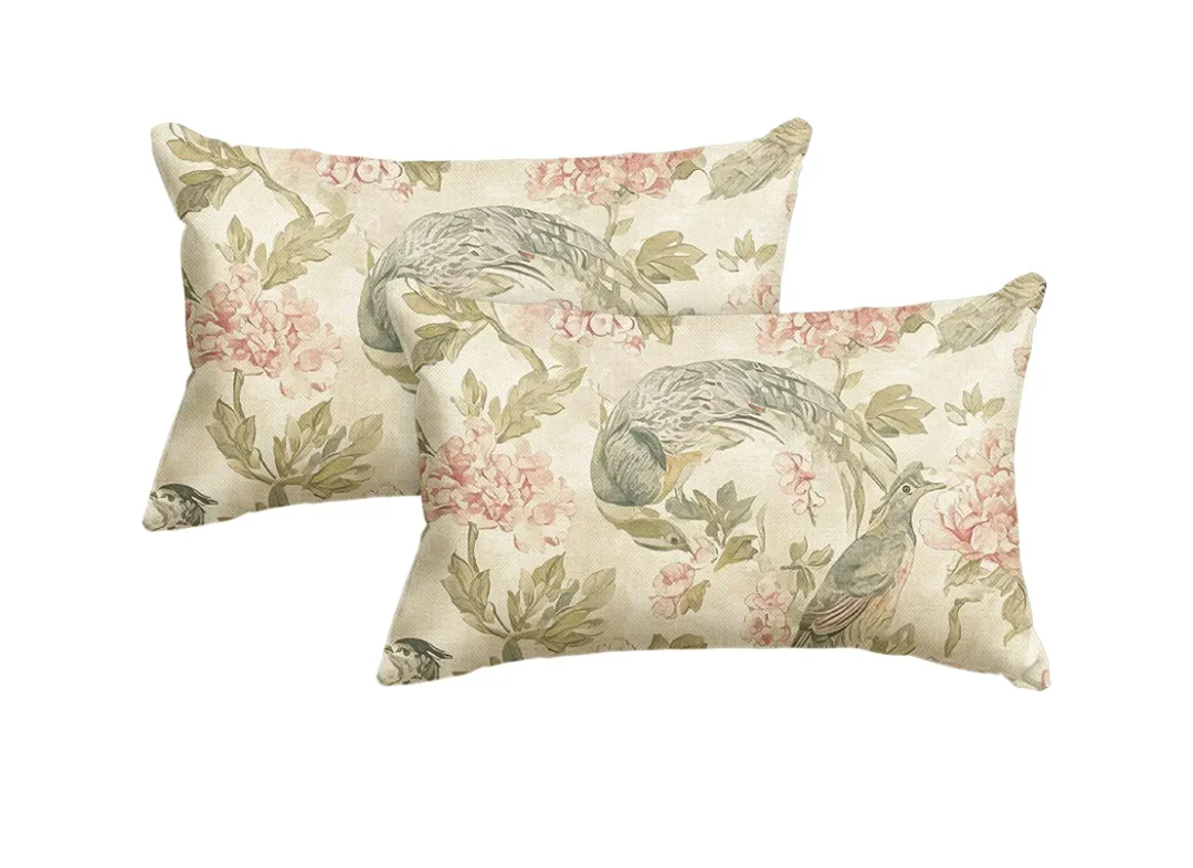 AVOIN colorlife Chinoiserie Flowers Birds Light Green Throw Pillow Covers, 12 x 20 Inch Cushion Case Indoor Outdoor Decoration for Sofa Couch Farmhouse Set of 2