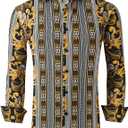 Alex Vando Mens Digital Printing Dress Shirts Iron-Free Regular Fit Party Button Down Shirt (Large, 2637 Gold)