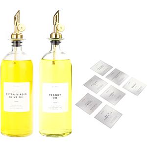 Molimoli Oil and Vinegar Dispenser with Metal Pour Spout, Glass Bottle Dispenser for Kitchen | Pantry Labels, Organization Labels Set with Oil Labels for Bottles, (White labels) 500ml Bottles Gold