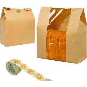 NOONEAST 100 Pack Paper Bread Bags for Homemade Bread Large Loaf Bag with Clear Front Window 14" x 8.3" x 3.5" 500pcs Homemade with Love sticker, Food Packaging Storage Popcorn Cookie Treat Bakery Bag