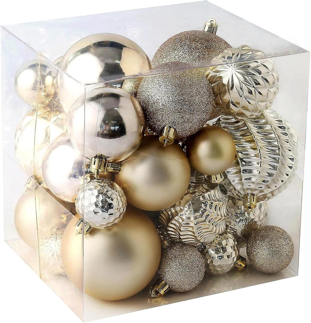 Christmas Balls Ornaments -36pcs Shatterproof Christmas Tree Decorations with Hanging Loop for Xmas Tree Wedding Holiday Party Home Decor,6 Styles In 3 Sizes (Champagne Gold)