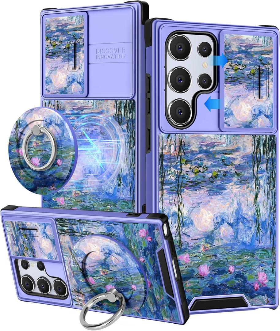 Buleens for Samsung Galaxy S25 Ultra Case - with Ring Stand & Camera Cover Aesthetic Cute Designed for Women Girls Girly Kawaii Blue Water Lily for Samsung S25 Ultra Phone Case Compatible with Magsafe