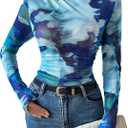 Milumia Women's Tie Dye Mesh Ruched Long Sleeve T-Shirts Mock Neck Fitted Tee Tops (Medium, Blue)