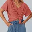 Tankaneo Womens Oversized Tshirts Knit V Neck Short Sleeve Tunic Tops Summer Casual Loose Fit Tee Shirts Orange Red (Red)