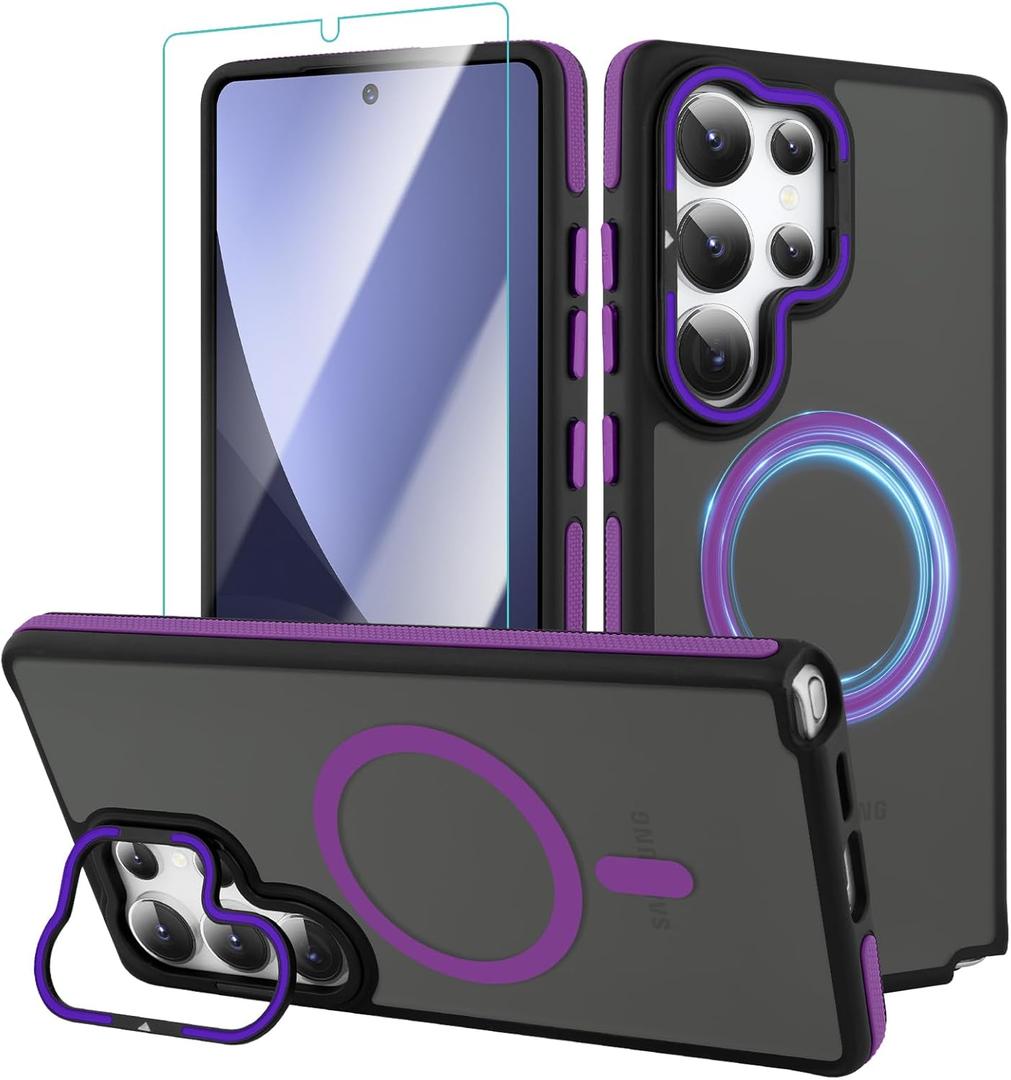 AIGOMARA Magnetic for Samsung Galaxy S25 Ultra Case with Invisible Camera Stand, [Compatible with Magsafe] [Military-Grade Protection] Slim Anti Scratch Protective Case Women Girls 6.9", Black/Purple