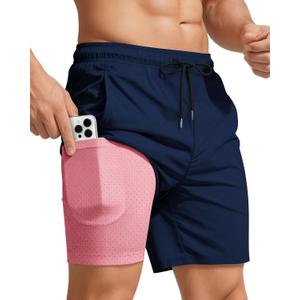 Men Swim Trunks with Compression 7 Inches Breathable Liner Quick Dry Zipper Pockets for Board Beach Gym Running XXL