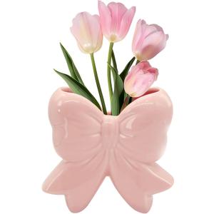 Coquette Vase Bow Ceramic Pen Holder Makeup Brush Holder, Contemporary Design Decorative Women Gifts for Home Office Shelf Table Living Room Classic Pink