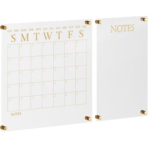Martha Stewart Grayson Acrylic Wall Calendar and Notes Board with Dry Erase Marker, Clear with Gold Print, Set of 2