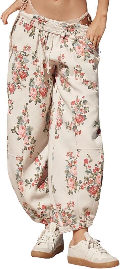 Anoumcy Floral Print Sweatpants Joggers for Women Fall Winter Flower Printted Lounge Pants Trousers with Pockets White (Small, White-floral Print)