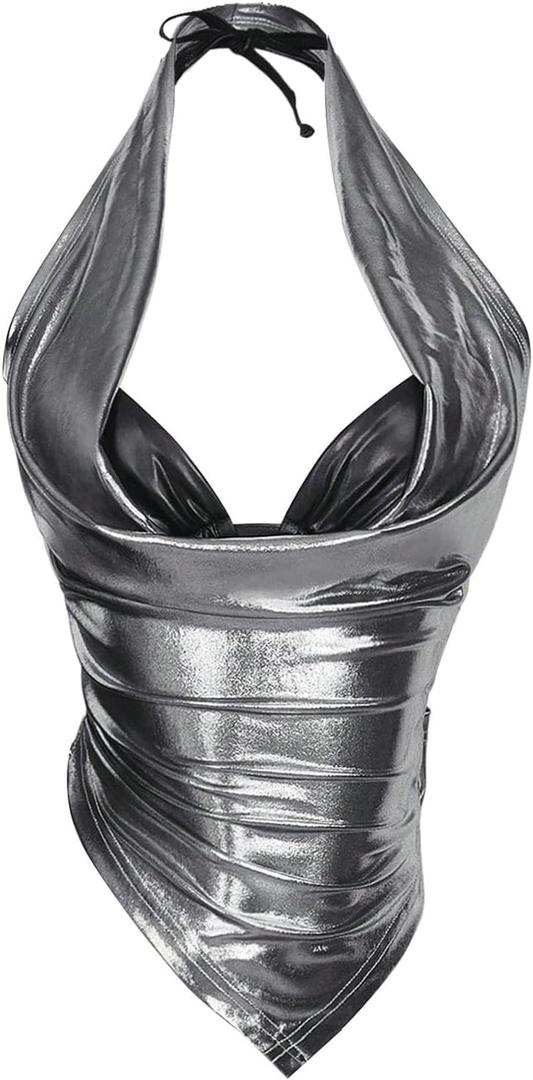 SHENHE Women's Y2k Metallic Crop Top Low Cut Open Back Halter Neck Sexy Rave Clubwear Silver X-Small