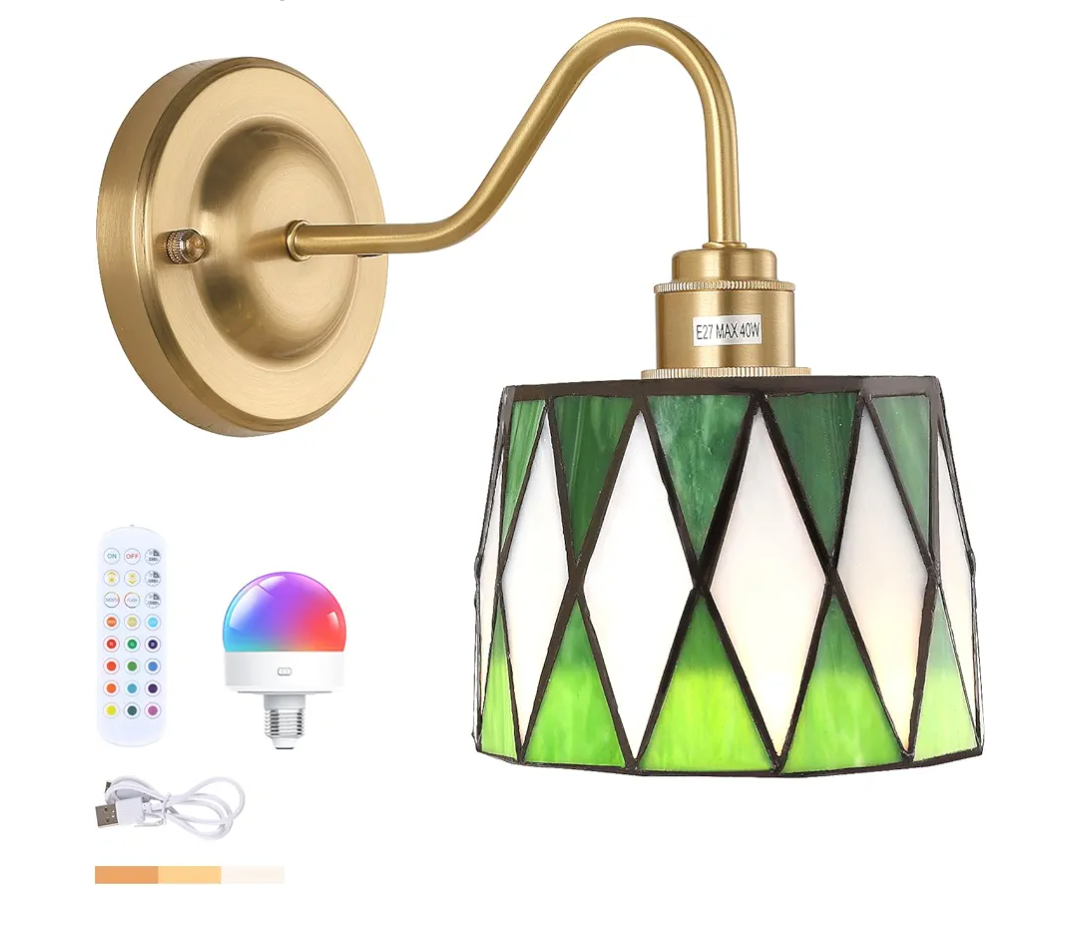 Vintage Battery Operated Wall Sconce with Remote, Rechargeable LED Wall Lamp 3 Colors Dimmable, Gold Wall Lights Fixture for Bedroom Bathroom Living Room Hallway Green Checker
