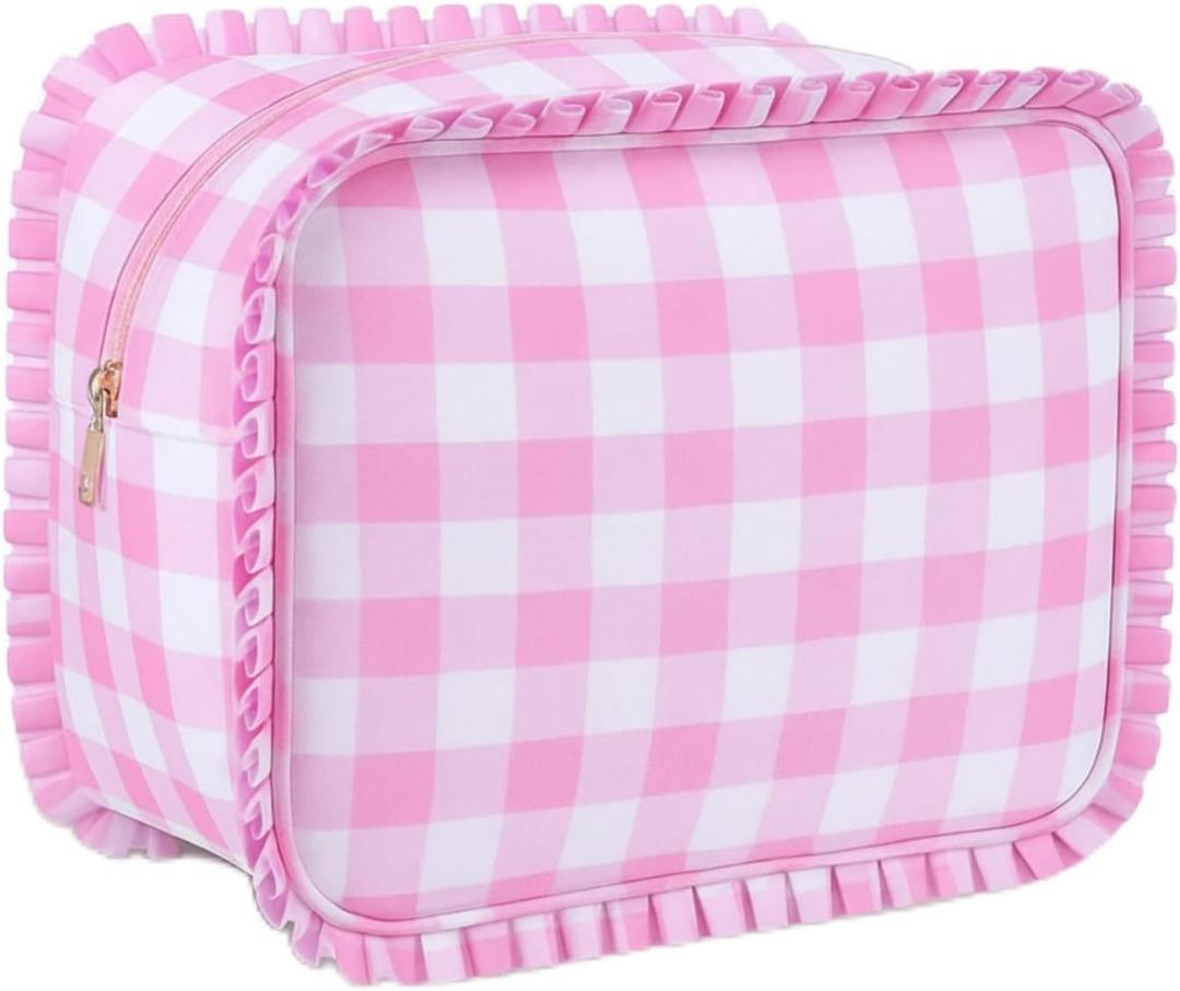 Pink Gingham Ruffle Makeup Bag Large Travel Cute Checkered Cosmetic Toiletry Bag with Zipper for Women Girls, Toiletry Pouch Make up Organizer Gift