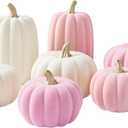 WDS WONDROUS Pumpkins Fall Decoration Thanksgiving Set 7 PCS, Resin Pink and Beige Flocked Pumpkins for Decorating, Artificial Pumpkins Set Gender Reveal Party Fall Decor Tabletop Centerpiece Mantel