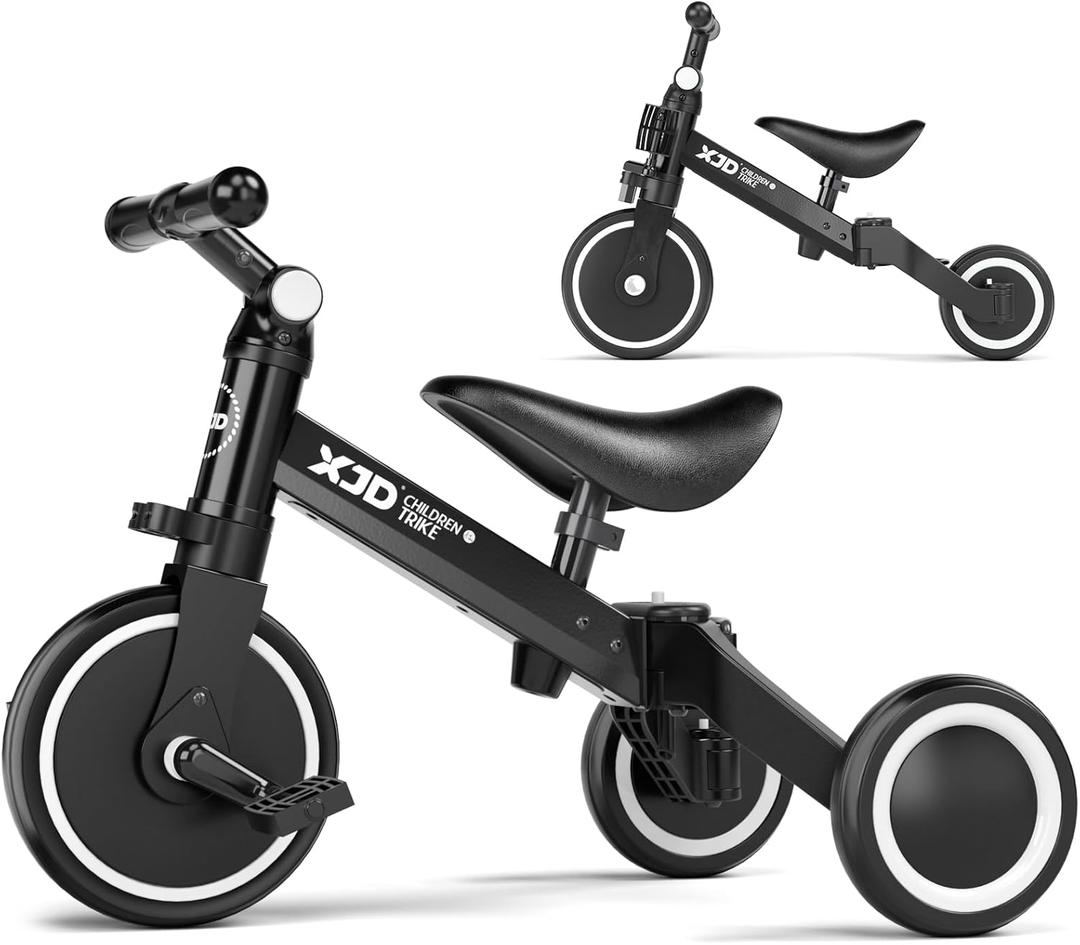 XJD 5 in 1 Toddler Bike, Tricycle for Toddlers 1-3 with Adjustable Seat Height, Removable Pedals, Ideal Balance Bike Birthday Gifts and Toys for Boys and Girls (Black)