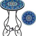 VONLUCE Outdoor Side Table and Mosaic Plant Stand, 21" Round End Table with 14" Ceramic Tile Top for Patio Porch Decor, Indoor & Outdoor Accent Table, Small Coffee Table for Home and Garden, Peacock