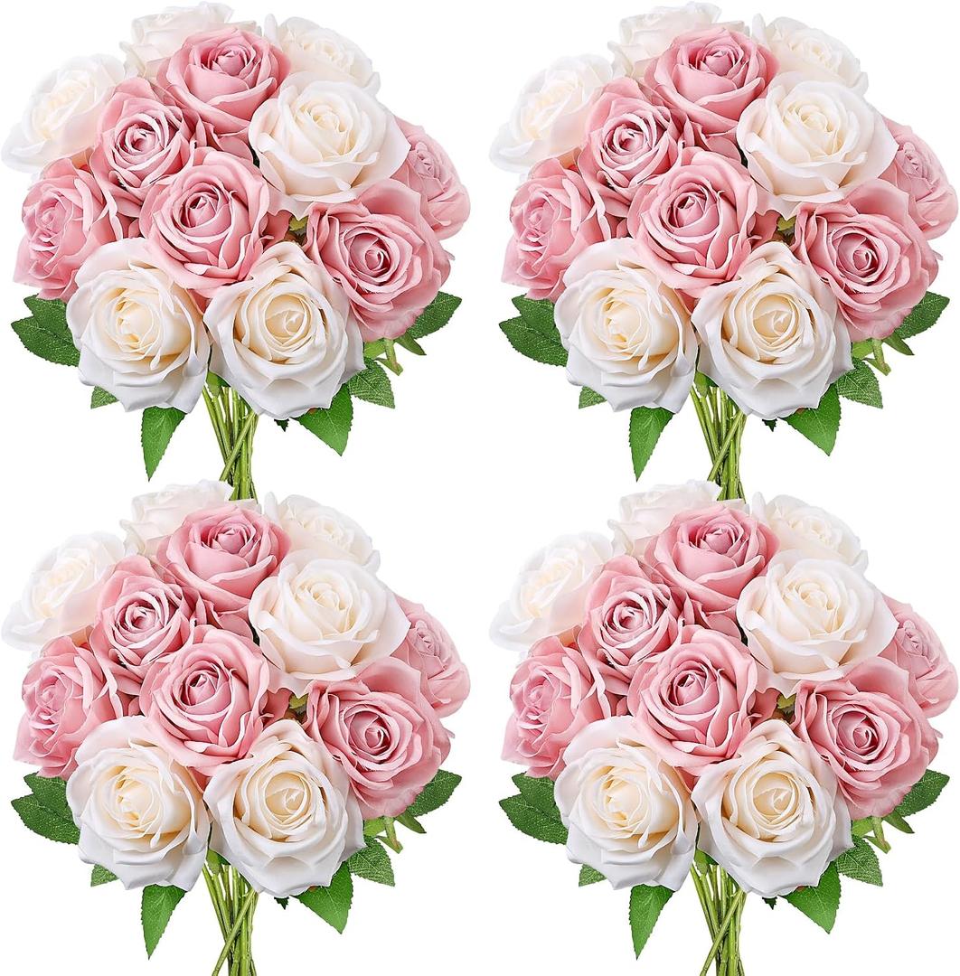 48 PCS Dusty Pink & Champagne Roses Artificial Flowers - Fake Silk Floral with Long Stems Bulk for Table Centerpieces DIY Bouquet Arrangements Wedding Party Bridal Shower Vase Decorations
