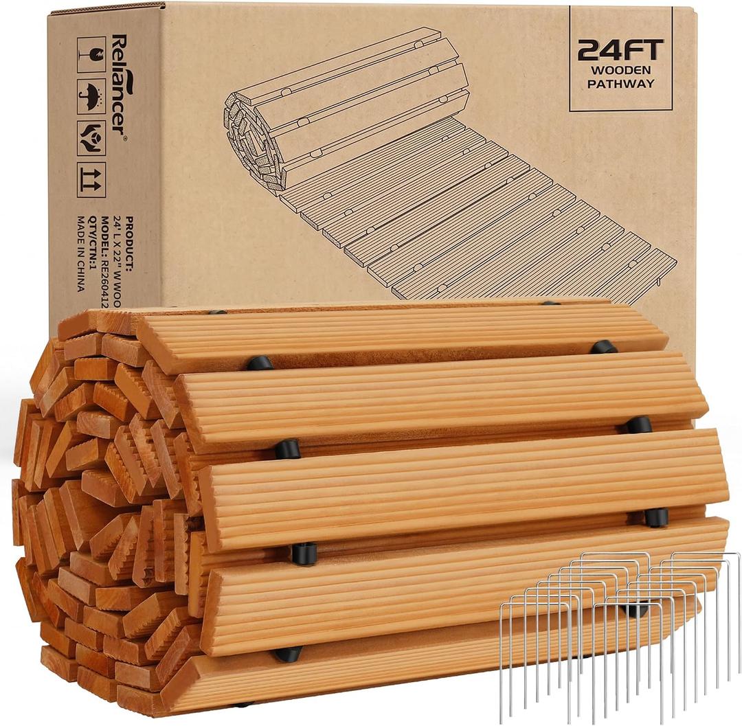 RELIANCER 24' Wooden Garden Pathway,22" Wide Outdoor Roll Out Patio Walkway