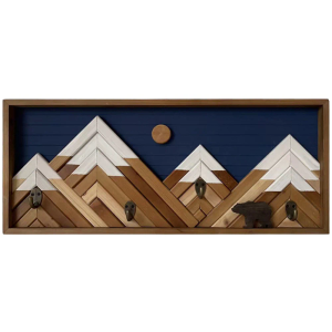 24x10 Wooden Wall Decor Mountain With Metal Hooks