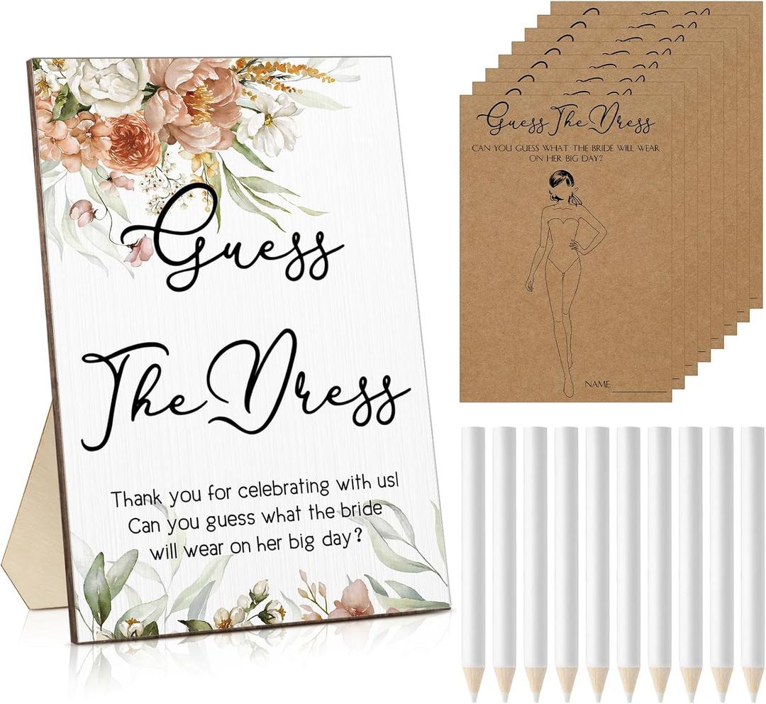 Seajan Guess The Dress Bridal Shower Game Wooden Sign Fun Bridal Shower Games Table Sign 50 Small Guessing Cards 50 Pencils for Guests Wedding Bachelorette Party Supplies (Boho Flowers)