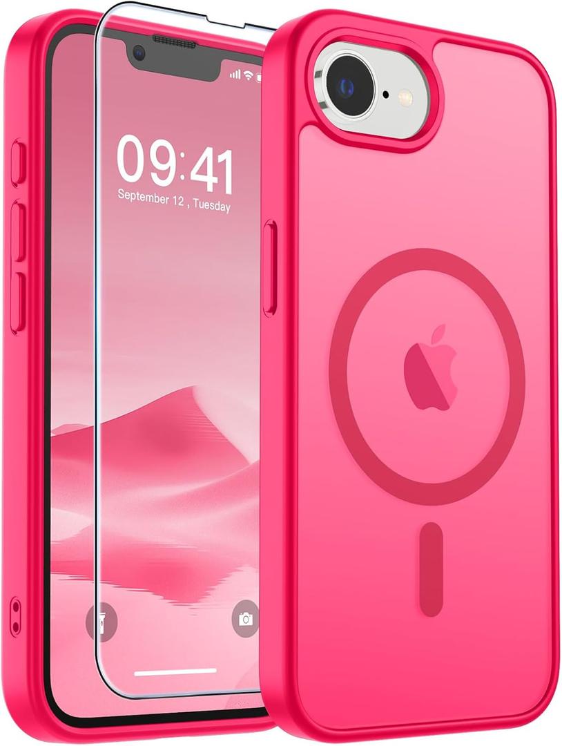 SUPFINE Magnetic for iPhone 17e Case/iPhone 16e Case (Compatible with MagSafe)(Military Grade Drop Protection) Slim Translucent Matte Shockproof with Anti-Fingerprint Phone Case,Hot Pink