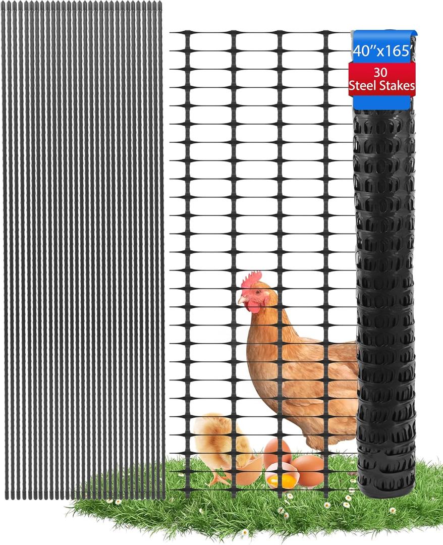 Garden Fence Animal Barrier, Snow Fence Temporary Fence Kit 40 in X 164 Ft, Plastic Safety Fence with 30 45-Inch Steel Stakes and 200 Zipper, Garden Fencing Temporary Fencing for Backyard (Black)