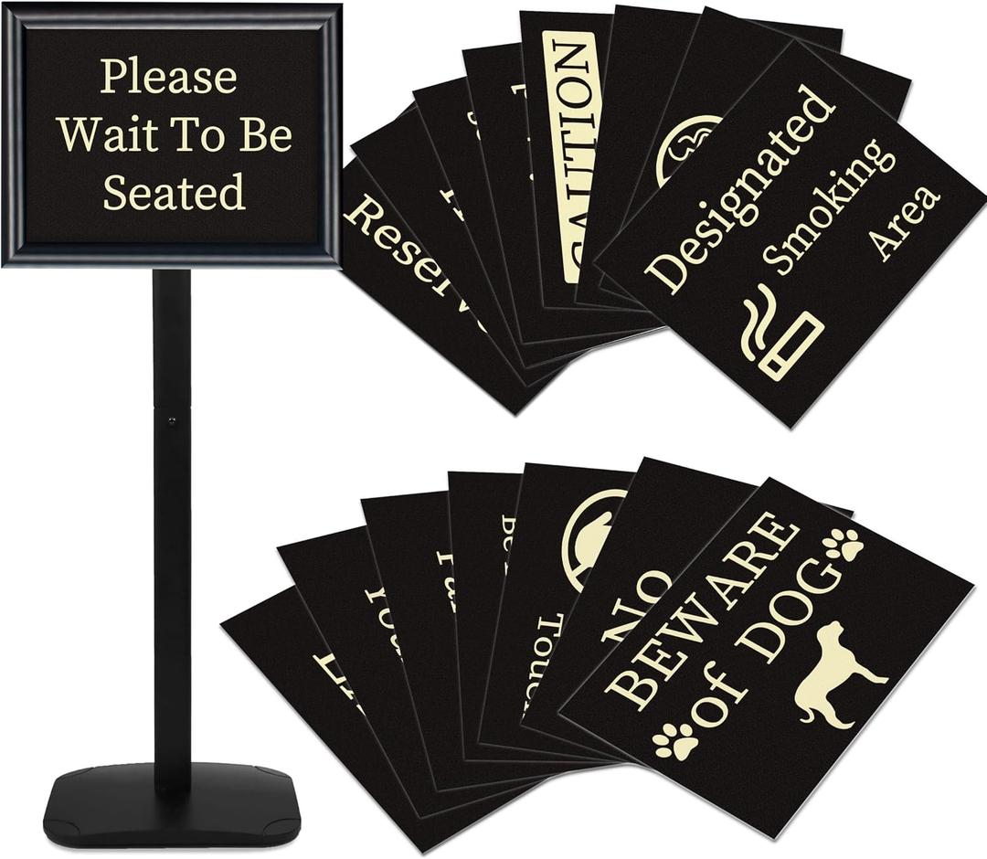 Please Wait To Be Seated Sign, 11 x 17 Inch Heavy Duty Sign Holder Stand with 16 Inserts, Floor Standing Poster Stand with Weighted Base for Indoor/Outdoor Signage&Advertising, Black
