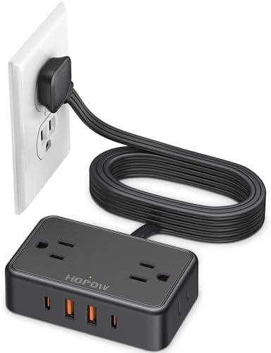 HOPOW Flat Plug Extension Cord, 6 Ft Ultra Thin Power Strip, 4 AC Wide Spaced outlets and 4 USB (2 USB-C) Ports, No Surge Protector for Cruise Ship, Travel, Dorm Room Essentials (Black)