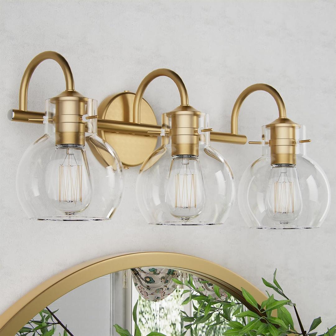 Gold Vanity Light, 3 Light Bathroom Light Fixtures, Modern Bathroom Vanity Lights Fixtures Over Mirror with Clear Globe Glass Shade, Gold Wall Sconces for Bathroom Hallway, E26 Base