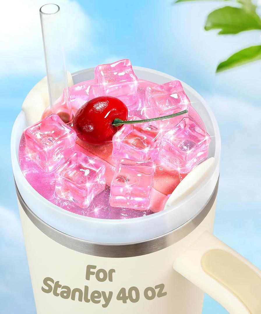 Lid Plate Topper for Stanley Cup 40 30 oz - Cute Decoration Accessories for Tumbler, Water Botter Bling Decor for Women Girls (Pink Cherry Ice Cube)