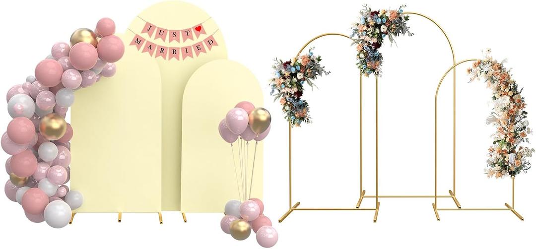 MYSWEETY Set of 3 Metal Arch Backdrop Stand and Cover Set, 4FT/5FT/6FT Wedding Arch Frame, Gold Arch Stand for Birthday, Party, Baby Shower, Ceremony Decor(Beige)