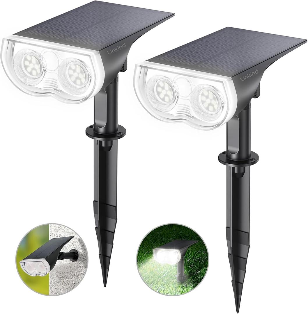 Linkind Solar Lights Outdoor Waterproof IP67, StarRay Dusk-to-Dawn Outdoor Solar Lights, 3 Lighting Modes Solar Spot Lights Outdoor for Garden, Yard, Landscape (Daylight, 2 Pack) (Cool White)
