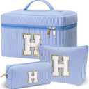 Personalized Monogram Makeup Bag, 3PCS Custom Monogrammed Toiletry Cosmetic Bag for 6-18 Teen Girls Women,Birthday Graduation Gifts Initial Pouch Makeup Bags for Women Girls, Make Up Bag (H, Blue)