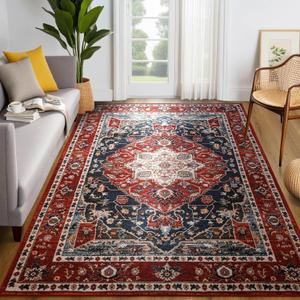 YJ.GWL Large Area Rug for Living Room, 5x7 Machine Washable Boho Rug for Bedroom, Low Pile Lightweight Thin Rugs Floral Vintage Distress Print Pattern Carpet for Dining Room, Red