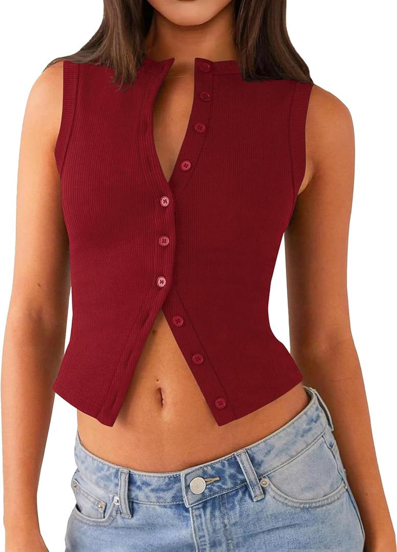 Womens Going Out Tops Summer Spring Ribbed Tank Sexy Crop Cute Y2K Button Down T Shirts Fashion Clothes 2025 (Small, Red)