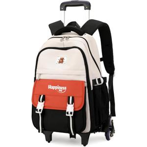 Rolling Backpack for Girls Elementary Middle School Bags, Girls Backpack for Kids with 6 Wheels, Black+Orange