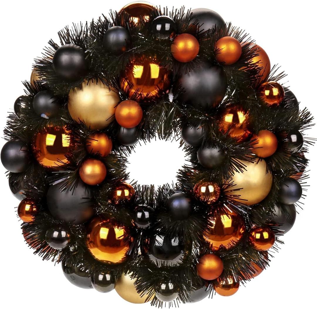 Christmas Ball Wreath 13" Xmas Wreaths Ornaments Glitter Thicken Shatterproof Garland Decoration for Front Door Wall Mantel Christmas Halloween Holiday Party Decor, Orange & Black & Gold