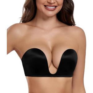 HACI Plunge Deep U Strapless Bra Push Up Demi Everyday Seamless Underwire(Black,38C)