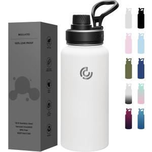 Sports Water Bottle 32oz, Insulated Water Bottle with Handle,Stainless Steel,Simple Modern,Suitable for Travel, School, Boy, Girl(White)