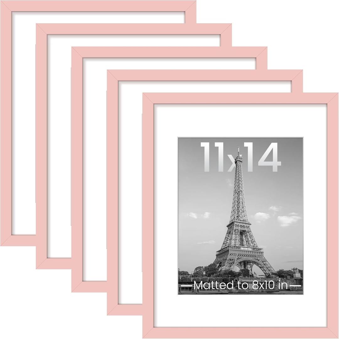 upsimpes 11x14 Picture Frame Set of 5, Display Pictures 8x10 with Mat or 11x14 Without, Wall Gallery Photo Frames, Pink