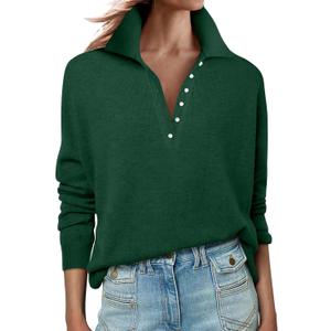 ANRABESS Womens Long Sleeve Polo Sweaters Knit Button Shirt Lightweight Dressy Casual Basic Pullover Tops 2025 Fall Fashion (X-Large, Forest Green)