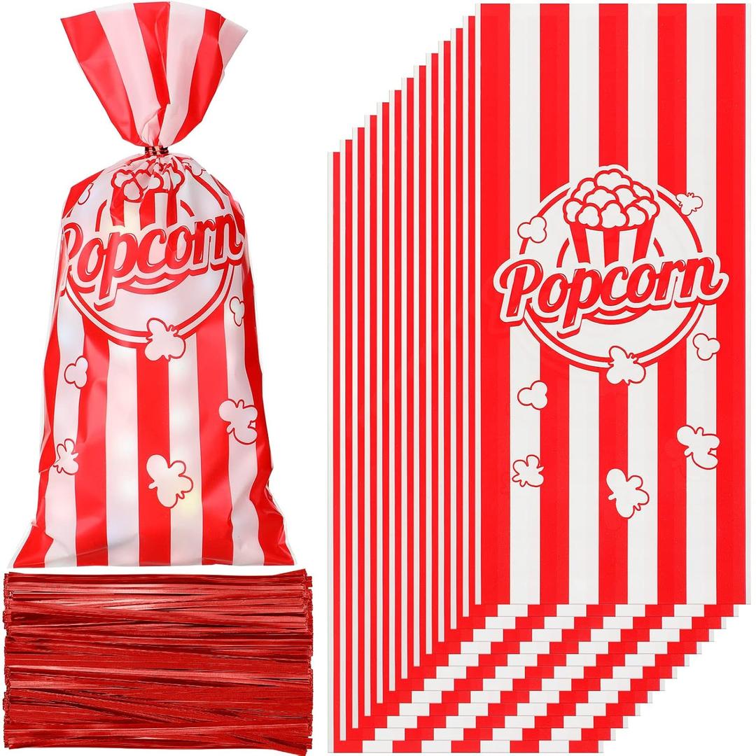 Teling 100 Pcs Popcorn Treat Bags 100 Pcs Popcorn Treat Bags for Party Red White Stripe Cookie Candy Bags with 150 Red Twist Ties for Circus Carnival Birthday Party Favor