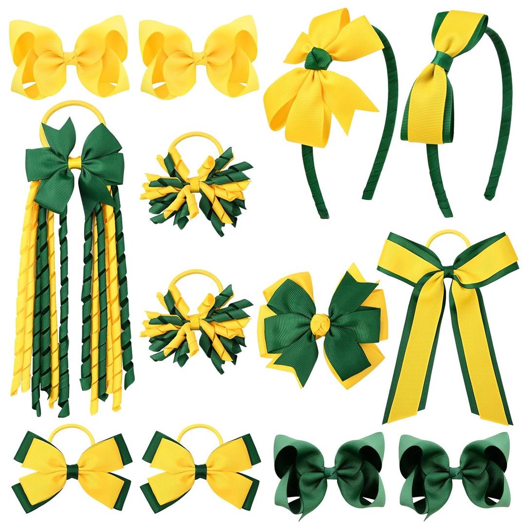 DEEKA Yellow & Green School Hair Accessories Set 13 Pcs Uniform Hair Bow Headband Clips Hair Ties Curly Korker Bows for Little Toddler School Girls (Yellow & Green)