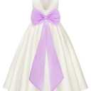 Girls Satin Flower Girl Dress with Pearl Trim Organza Sash and Detachable Bow Sleeveless Ankle Length Formal Gown (Purple, 10-11/150)