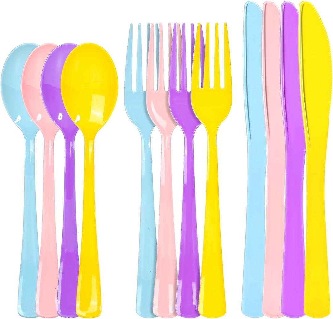 300 Pack Pastel Pink Blue Purple Yellow Disposable Plastic Silverware Heavy Duty, Plastic Cutlery Set, Forks and Spoons Knives Set for Easter Birthday Party Prom Night, Weddings, (Macaron Colors)