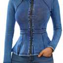 Casual Denim Peplum Jacket for Women Long Sleeve Zip Front Athletic Workout Ruffle Blazer Coats (Large, Mid Blue)