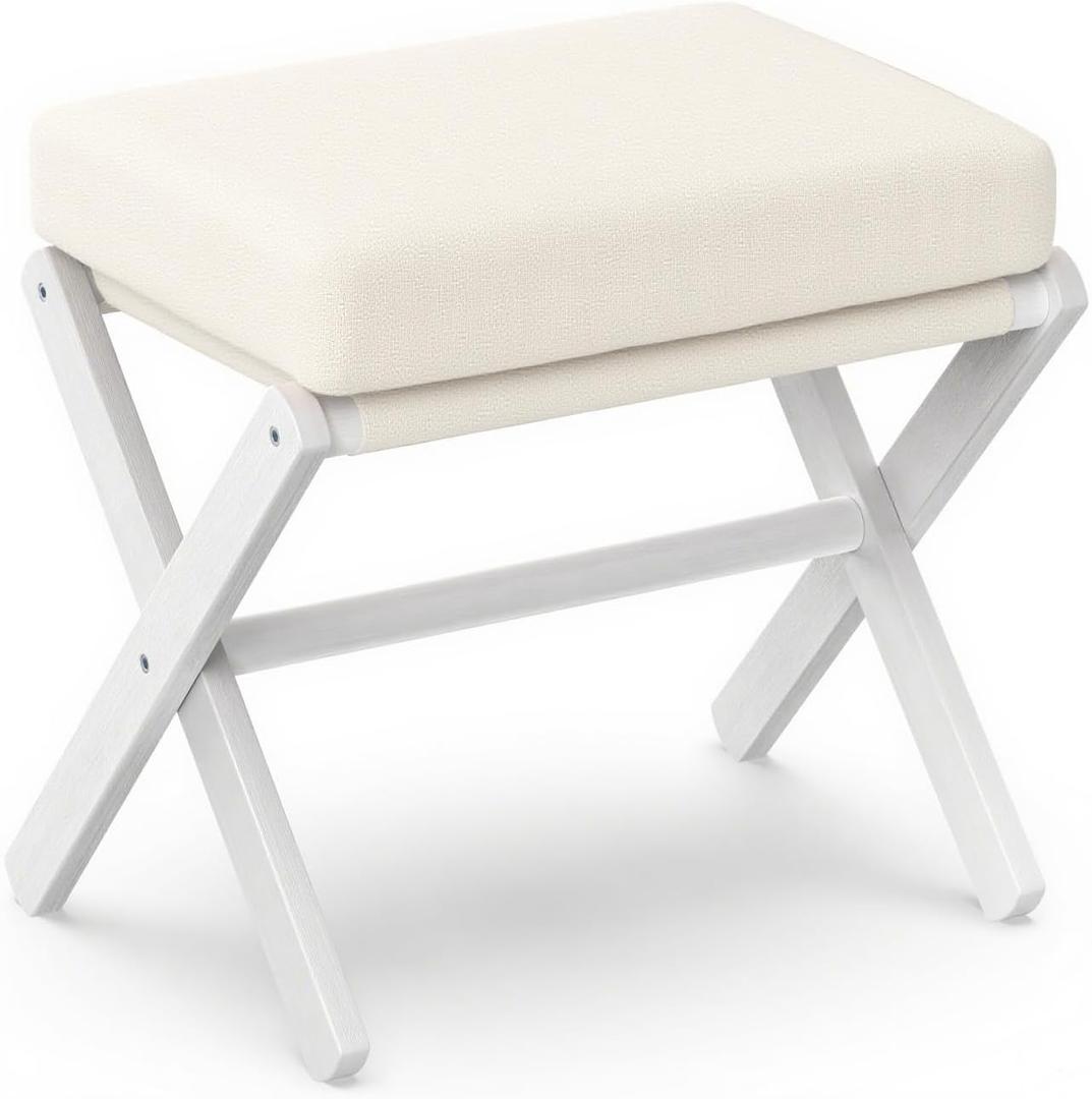 BAMBOOHOMIE Foldable Foot Stool Ottoman, Modern Foot Rest with Bamboo X Legs & Thick Foam Cushion, Folding Foot Stools Small Padded for Bedroom Living Room, Footstool for Chair Couch (White - White), 18.2"D x 12"W x 17.3"H